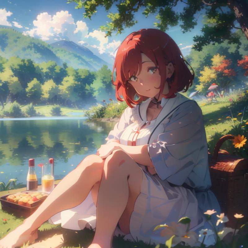 00155-2299588987-1Girl, mature, American, redhead, medium hair, yellow eyes, sitting on a picnic blanket near a lake, elegant summer dress, happy.png